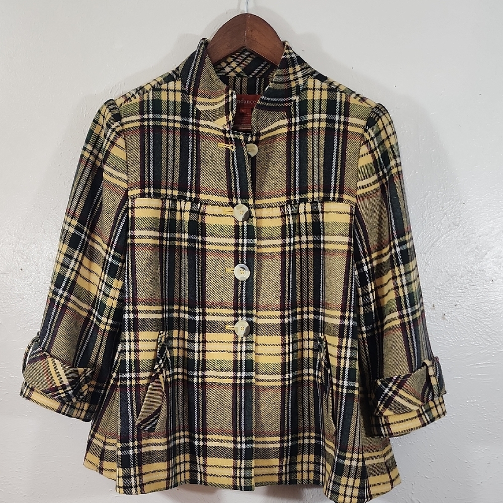 Sundance Yellow Plaid Button-Down 3/4 Sleeve Wool Mix Jacket Size S